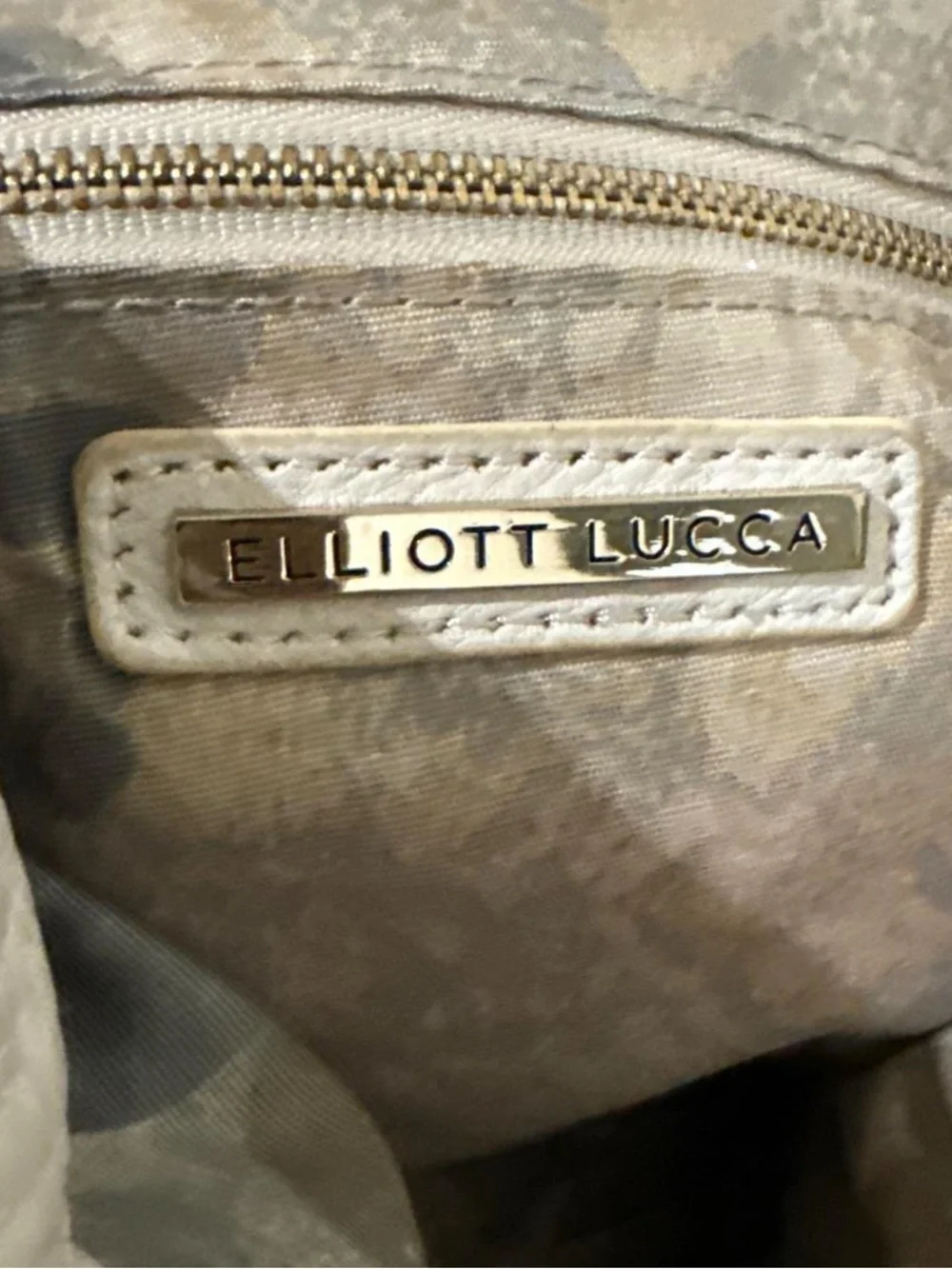 Elliot Lucca Cream Leather Tote Metallic Woven bottom Accent Brown Handles